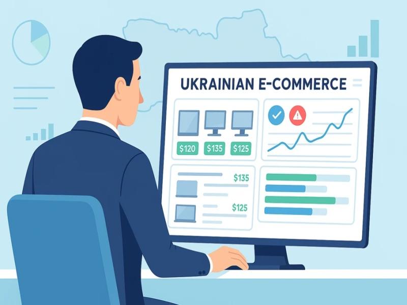 Український менеджер e-commerce аналізує ціни конкурентів — фахівець переглядає сучасну веб-панель із графіками, сповіщеннями та порівнянням цін різних брендів.